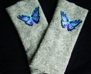 Stunning woollen fingerless gloves - light grey with beautiful butterfly embroidery